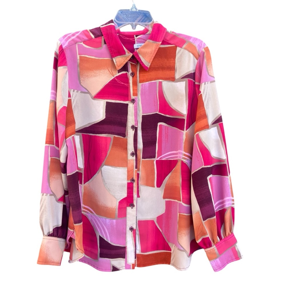 Chicos Womens Pink Multi Geometric Button-Up Blouse